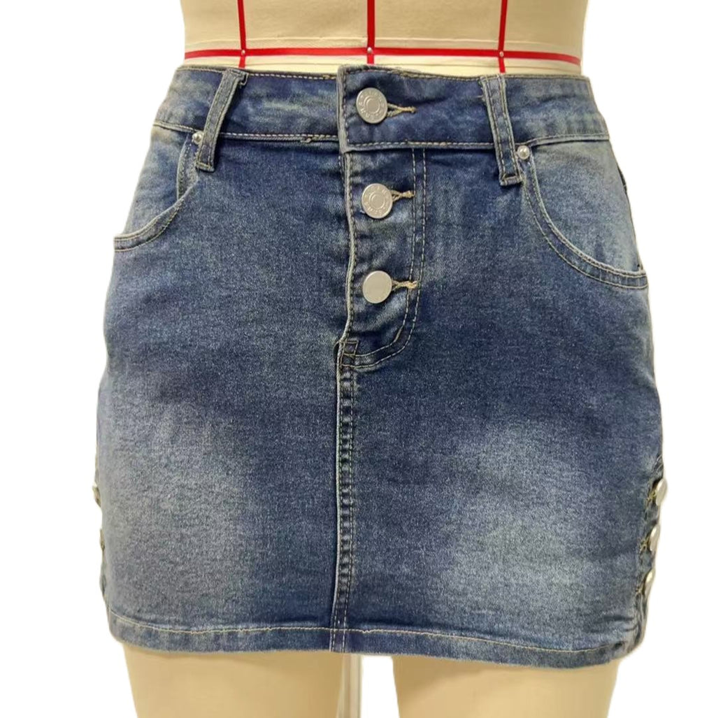 High Waist Stretch Denim Mini Skirt - Blue