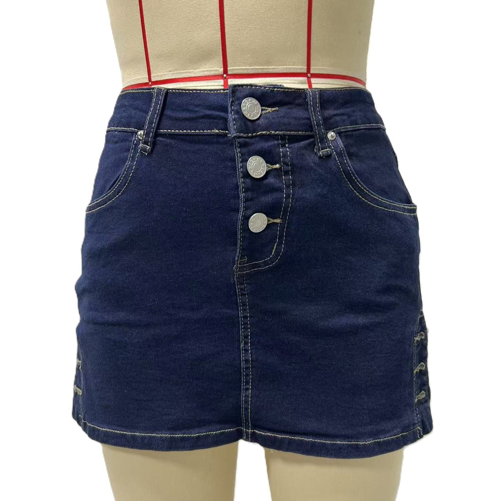 High Waist Stretch Denim Mini Skirt - Darkblue