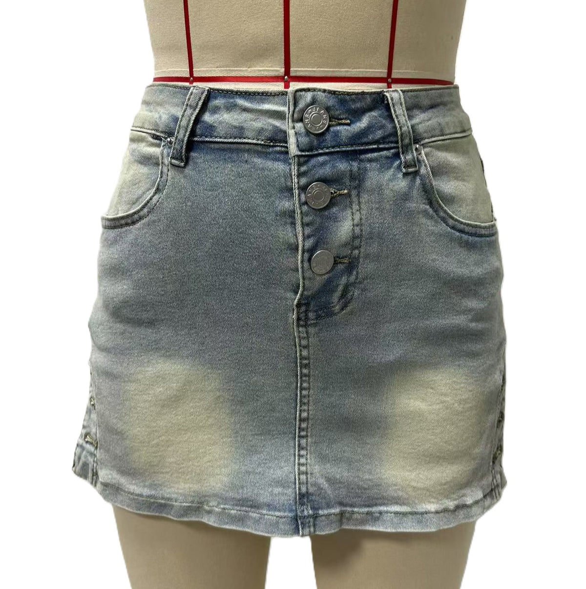 High Waist Stretch Denim Mini Skirt - Lightblue