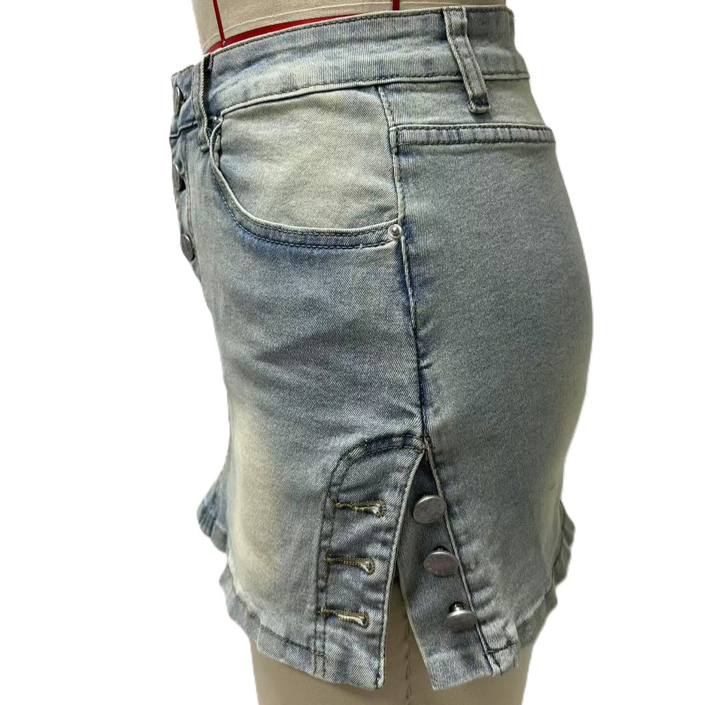 High Waist Stretch Denim Mini Skirt - Lightblue - 1