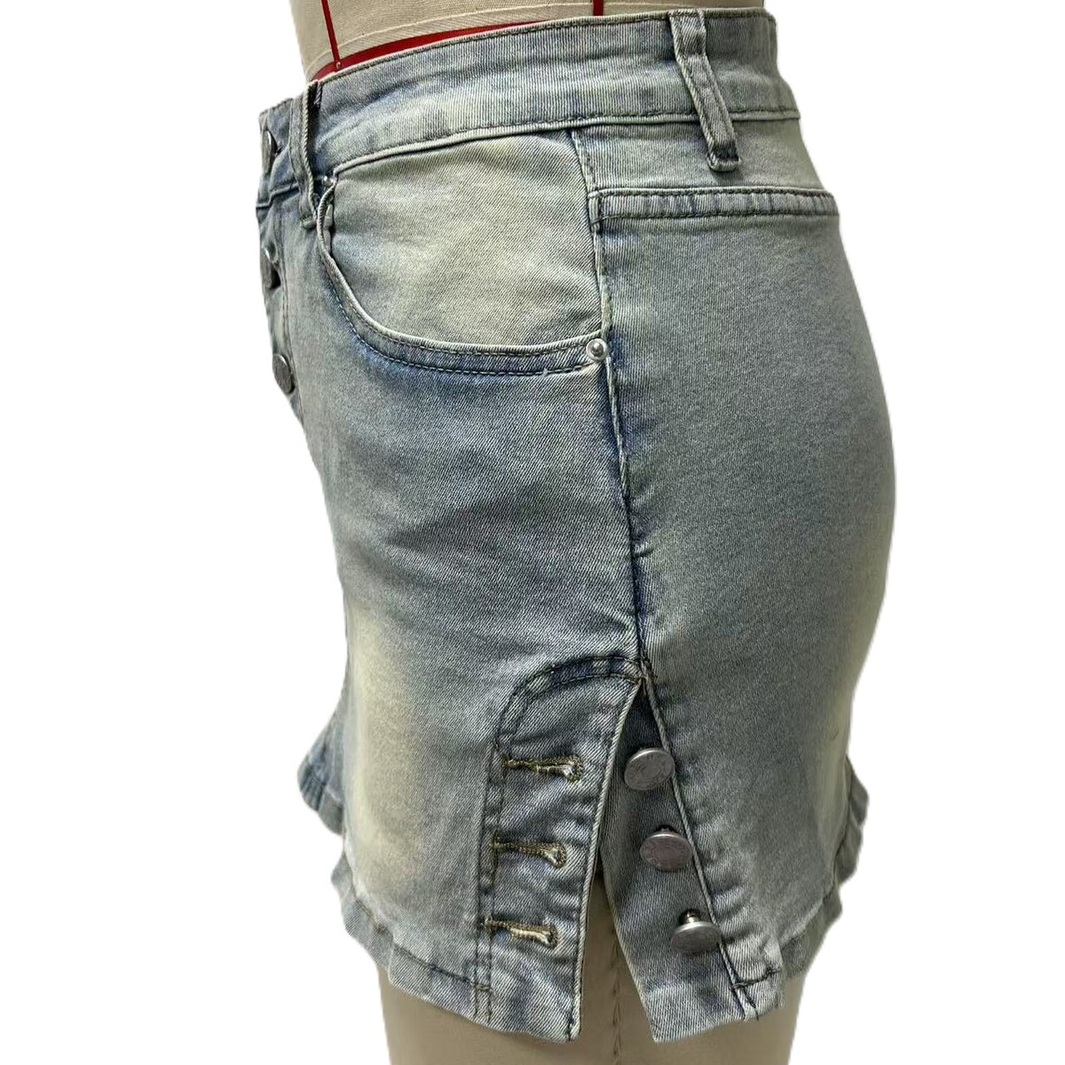 High Waist Stretch Denim Mini Skirt - Lightblue - 1