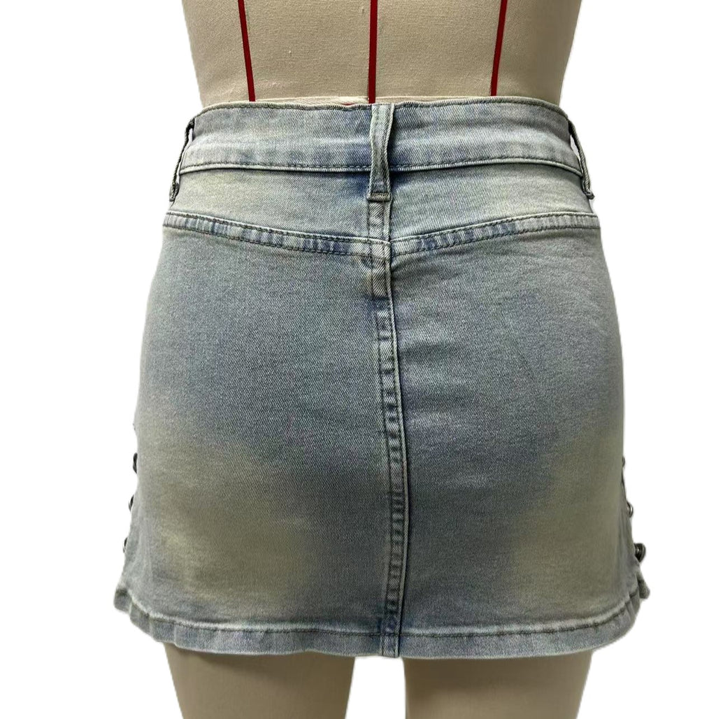 High Waist Stretch Denim Mini Skirt - Lightblue - 2
