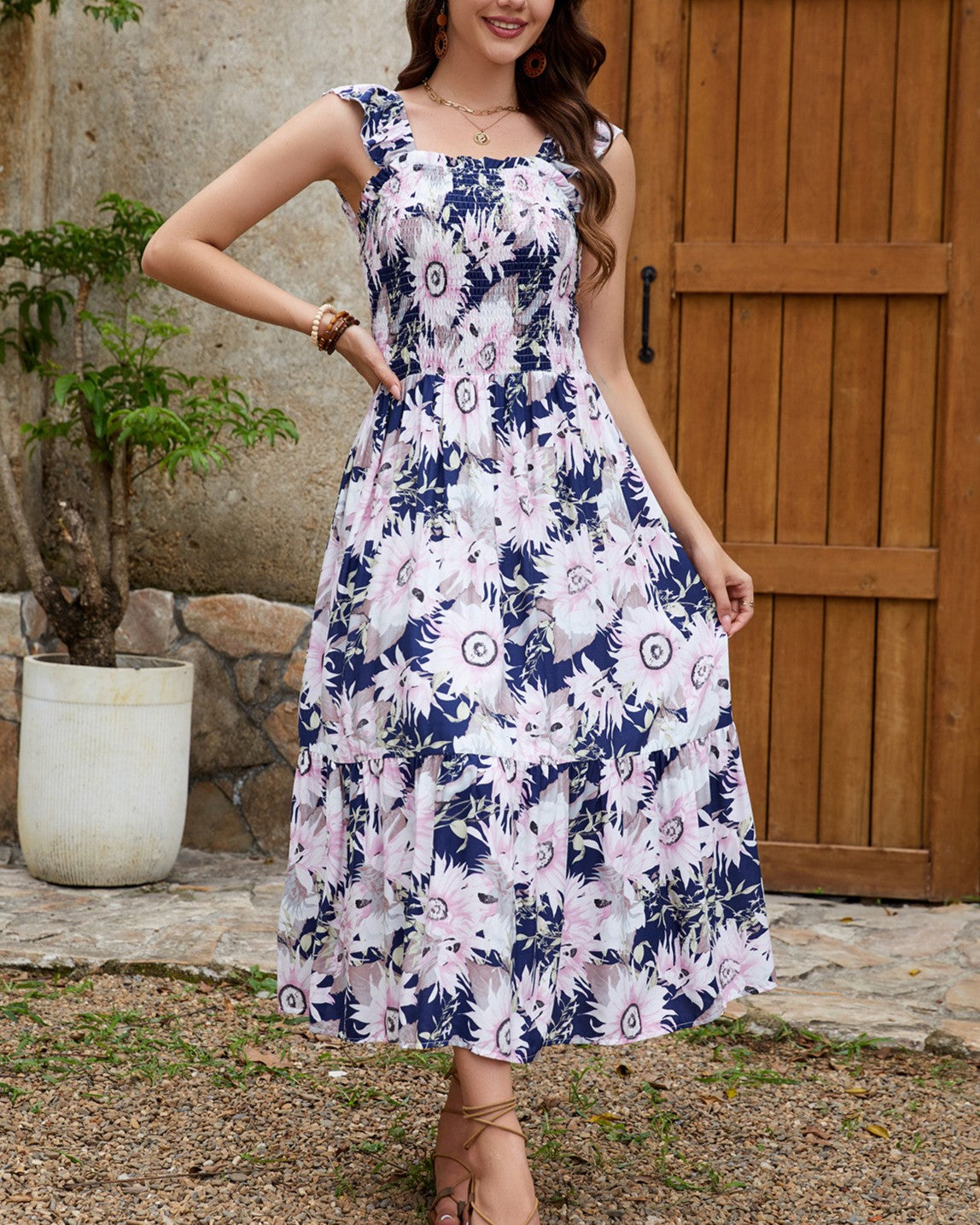 Shirred Bodice Ruffle Strap Tiered Midi Dress - Decor - 1