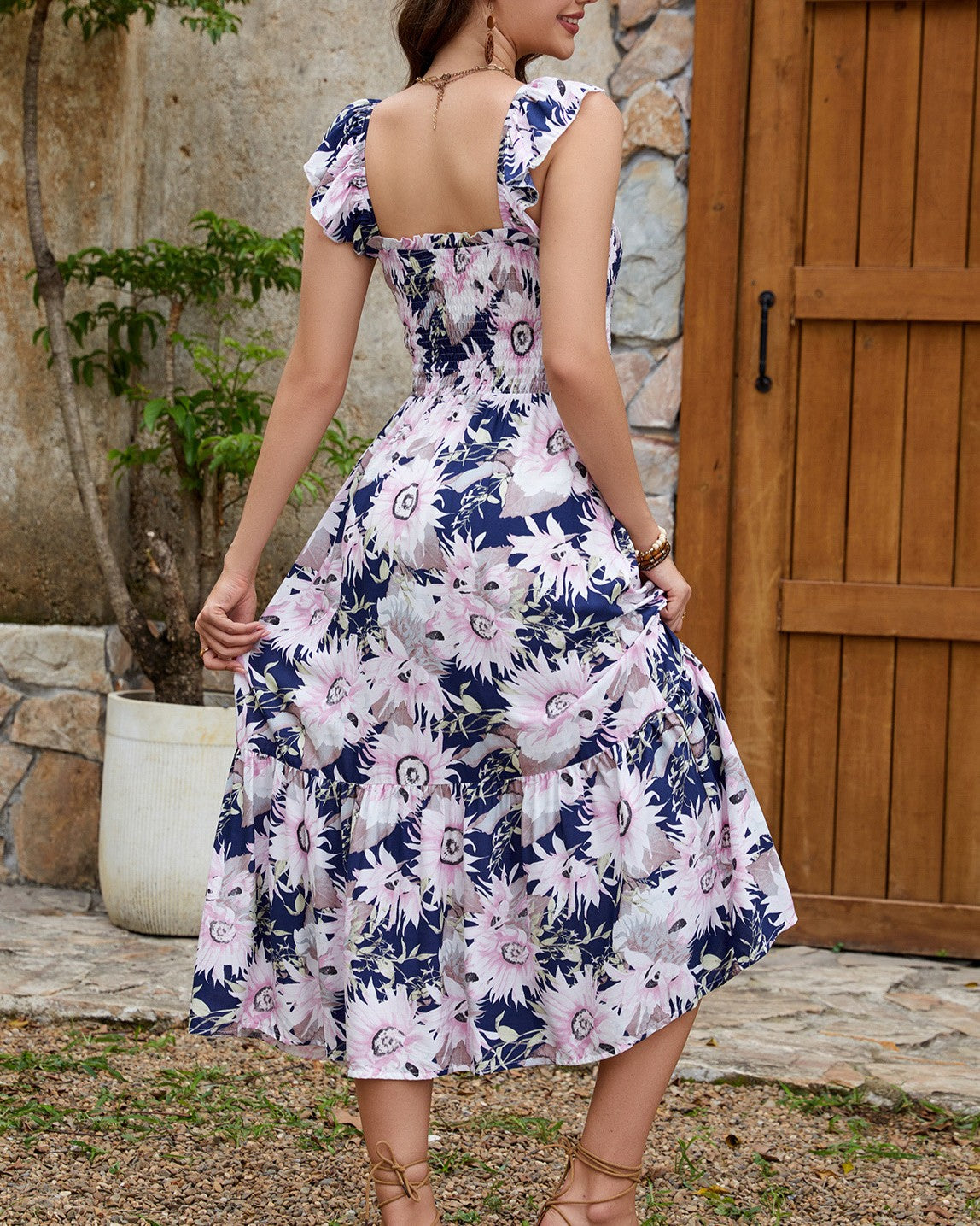Shirred Bodice Ruffle Strap Tiered Midi Dress - Decor - 3