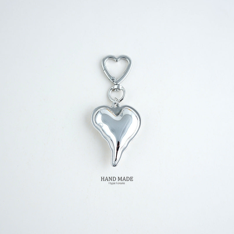 Glossy Puffy Heart Keychain Bag Charm - Silver