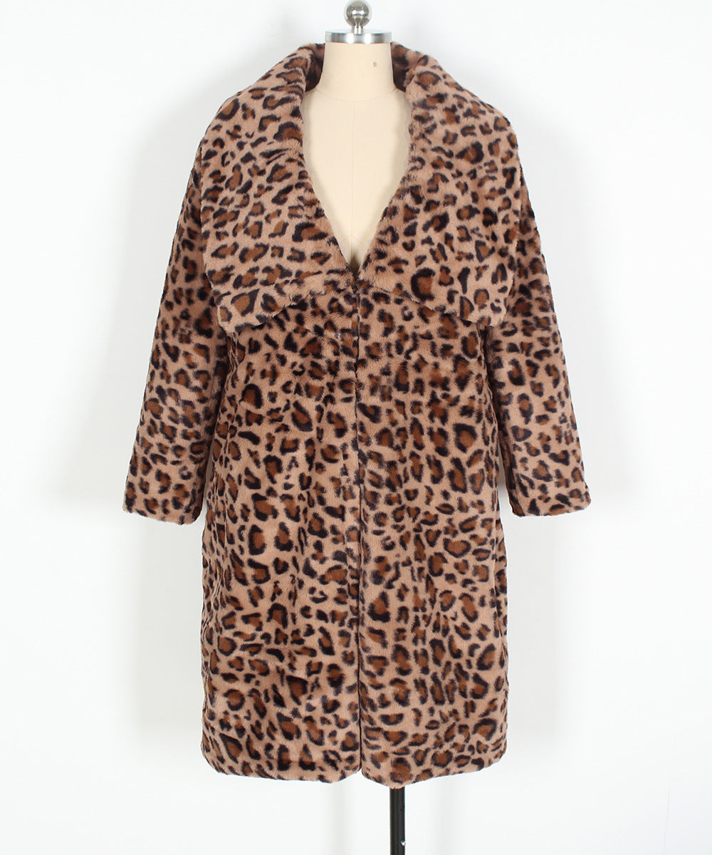 Wide Lapel Leopard Faux Fur Coat - Leopard - 1