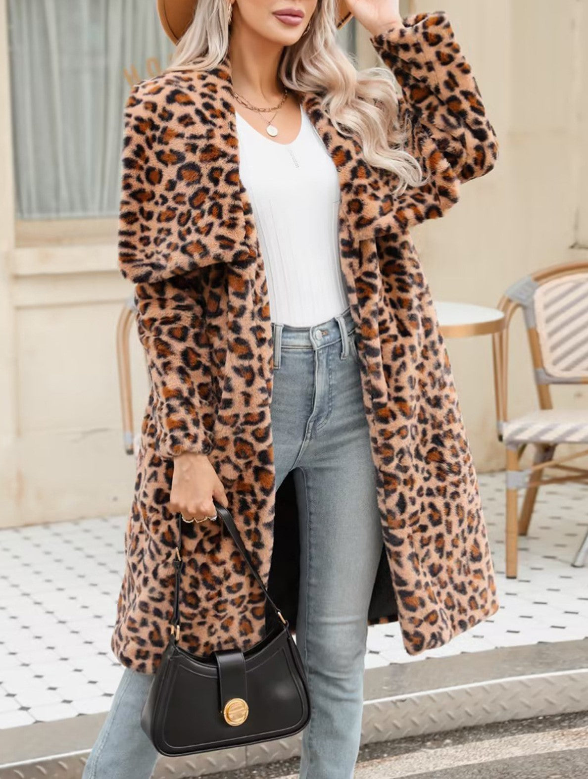Wide Lapel Leopard Faux Fur Coat