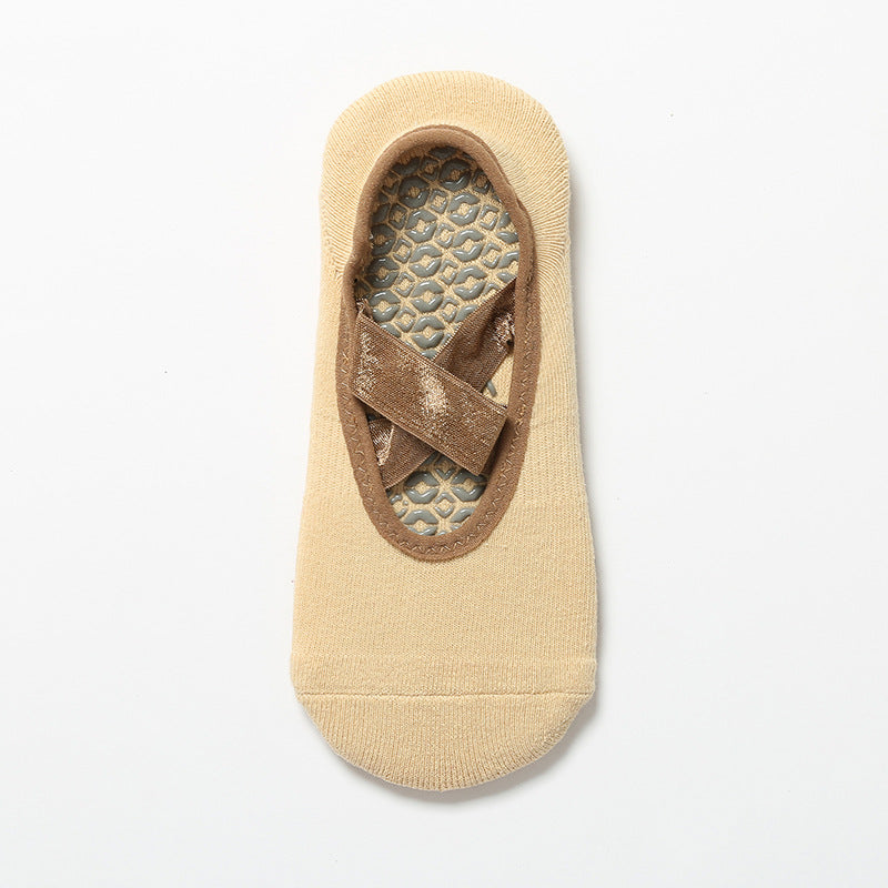 Satin Crossover Strap Barre Grip Socks - Beige