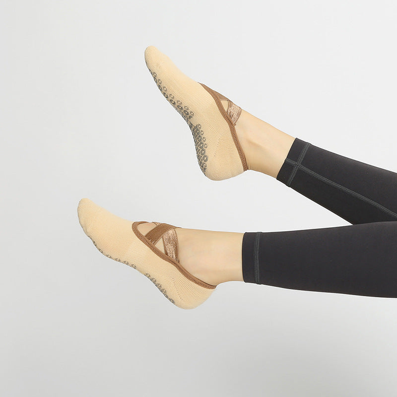Satin Crossover Strap Barre Grip Socks - Beige - 1