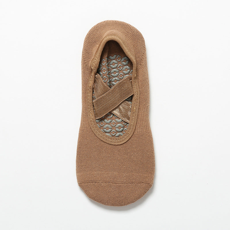 Satin Crossover Strap Barre Grip Socks - Brown