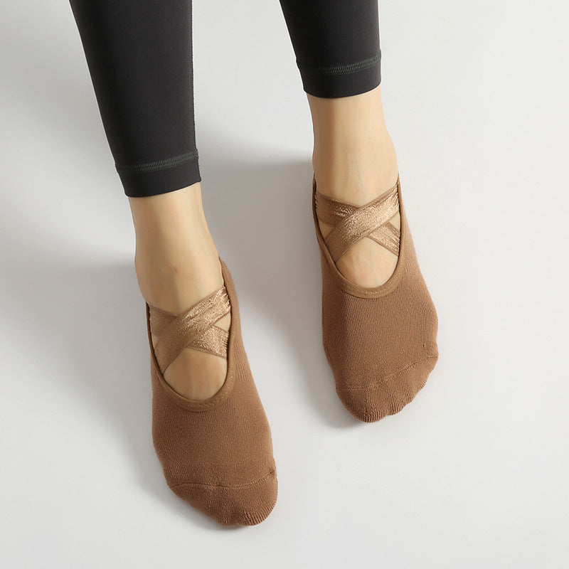 Satin Crossover Strap Barre Grip Socks - Brown - 1