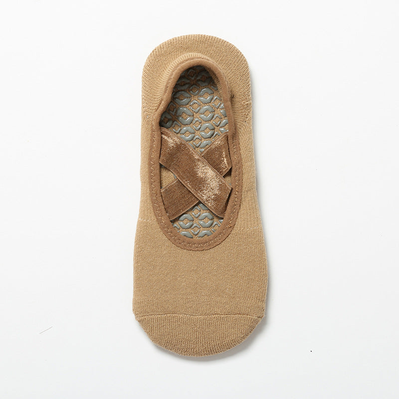 Satin Crossover Strap Barre Grip Socks - Camel