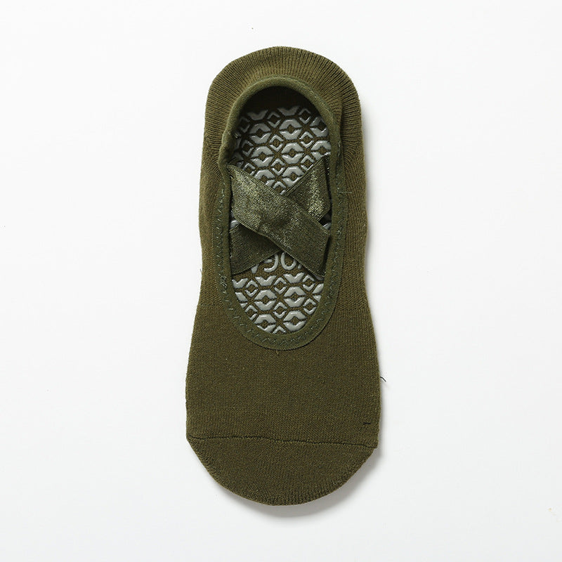 Satin Crossover Strap Barre Grip Socks - DkGreen