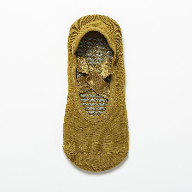 Satin Crossover Strap Barre Grip Socks - Mustard