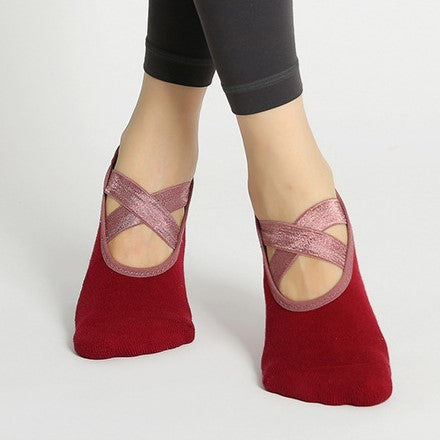 Satin Crossover Strap Barre Grip Socks - WineRed