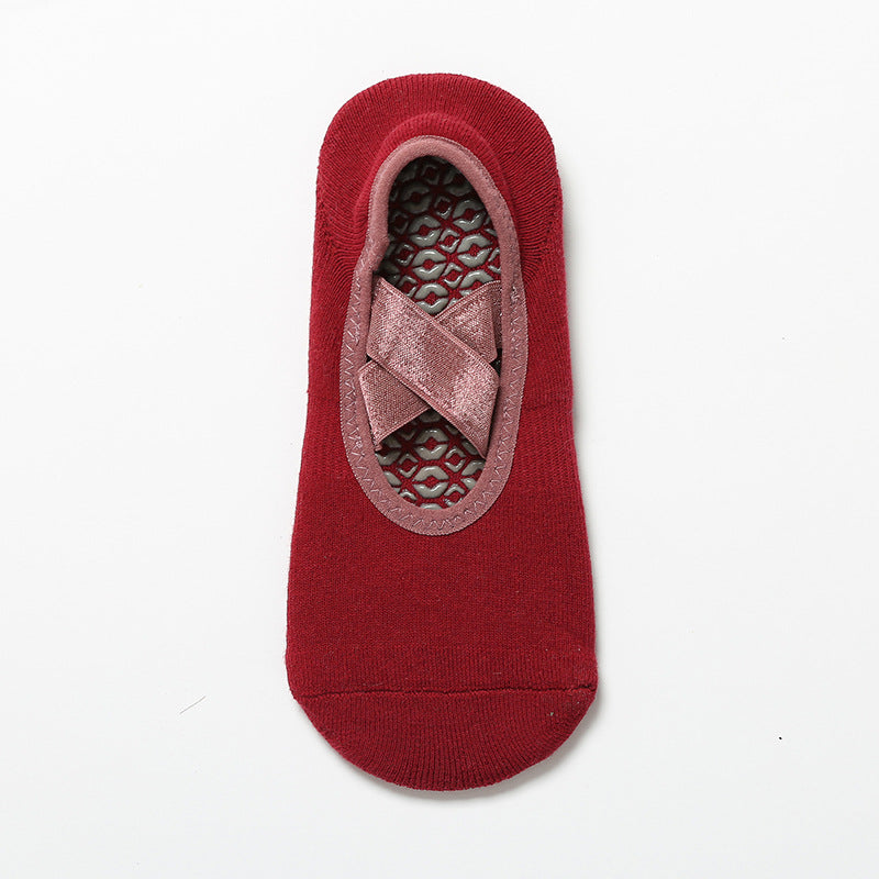 Satin Crossover Strap Barre Grip Socks - WineRed - 1