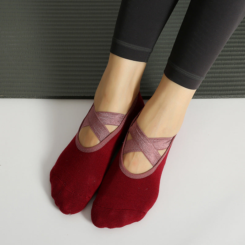Satin Crossover Strap Barre Grip Socks - WineRed - 2