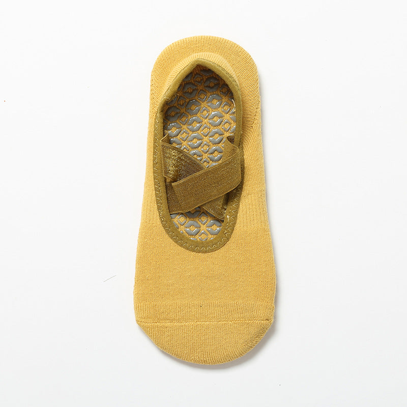 Satin Crossover Strap Barre Grip Socks - Yellow