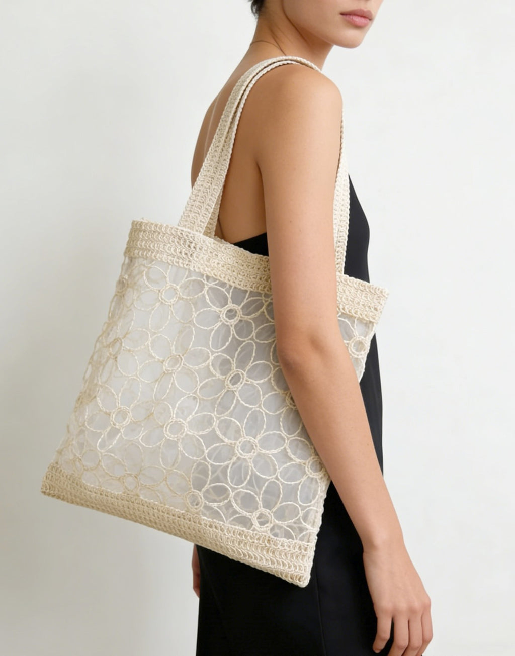 Sheer Daisy Crochet Shoulder Bag - OffWhite