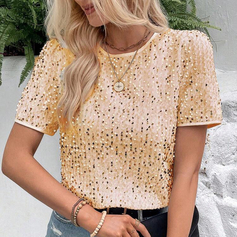 Speckled Sequin Short Sleeve Tee - Gold