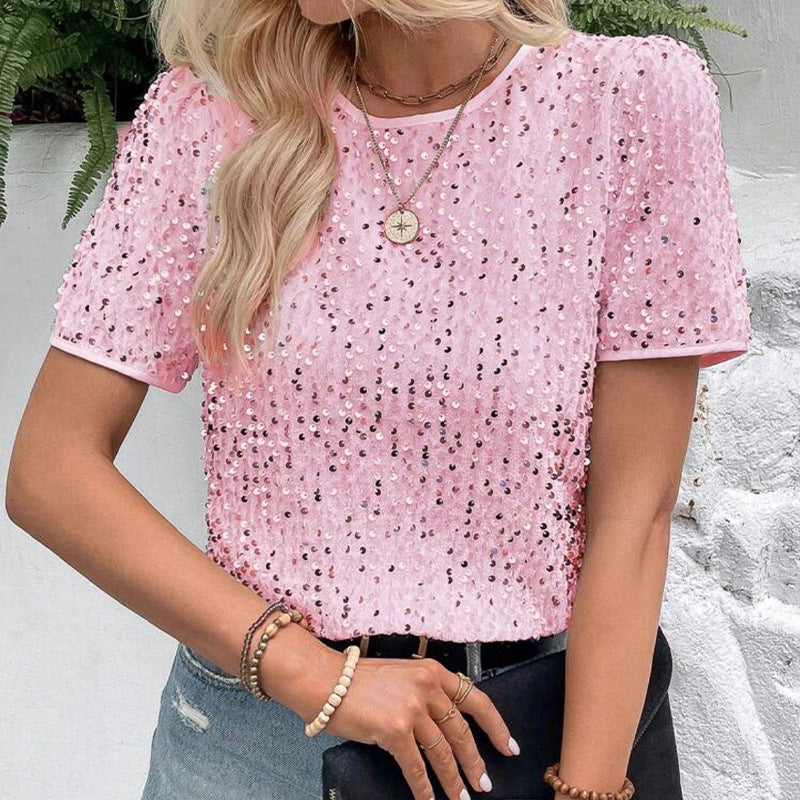 Speckled Sequin Short Sleeve Tee - Pink