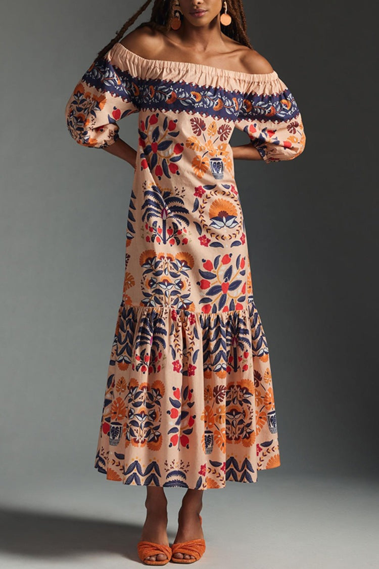 Folk Print Off Shoulder Tiered Maxi Dress - Decor