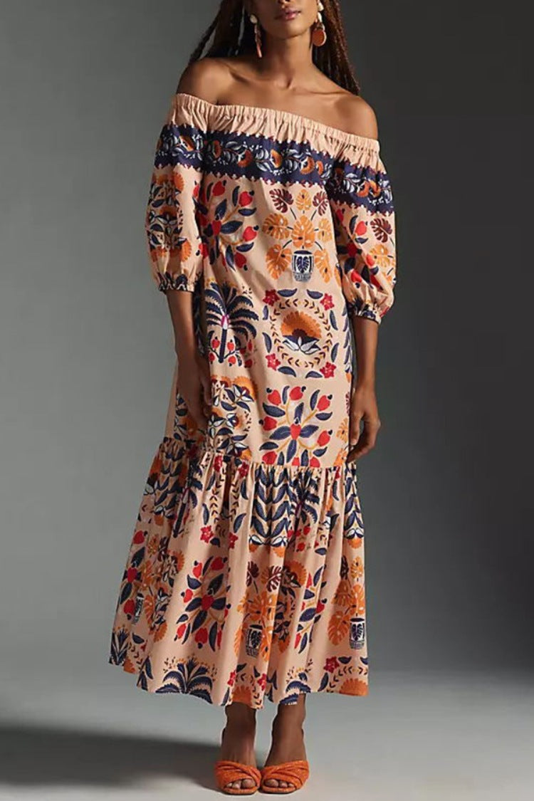 Folk Print Off Shoulder Tiered Maxi Dress - Decor - 1