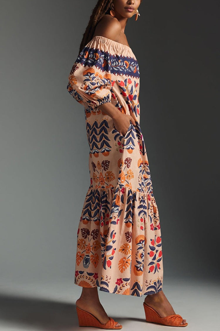 Folk Print Off Shoulder Tiered Maxi Dress - Decor - 2