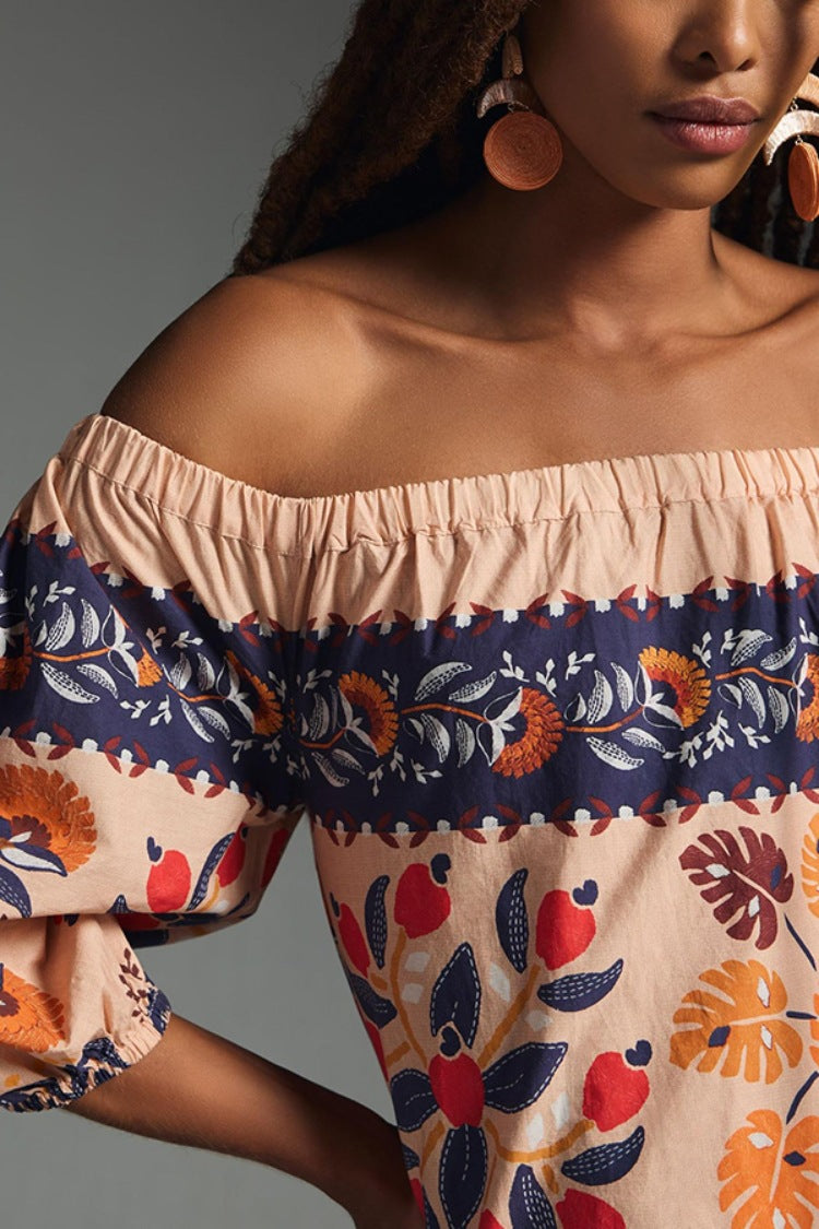 Folk Print Off Shoulder Tiered Maxi Dress - Decor - 3