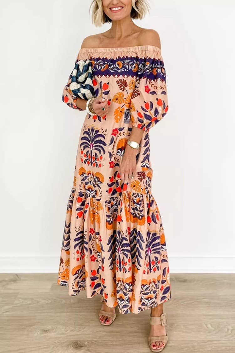 Folk Print Off Shoulder Tiered Maxi Dress