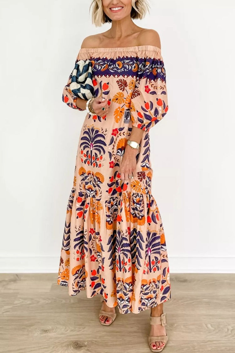 Folk Print Off Shoulder Tiered Maxi Dress - view 1