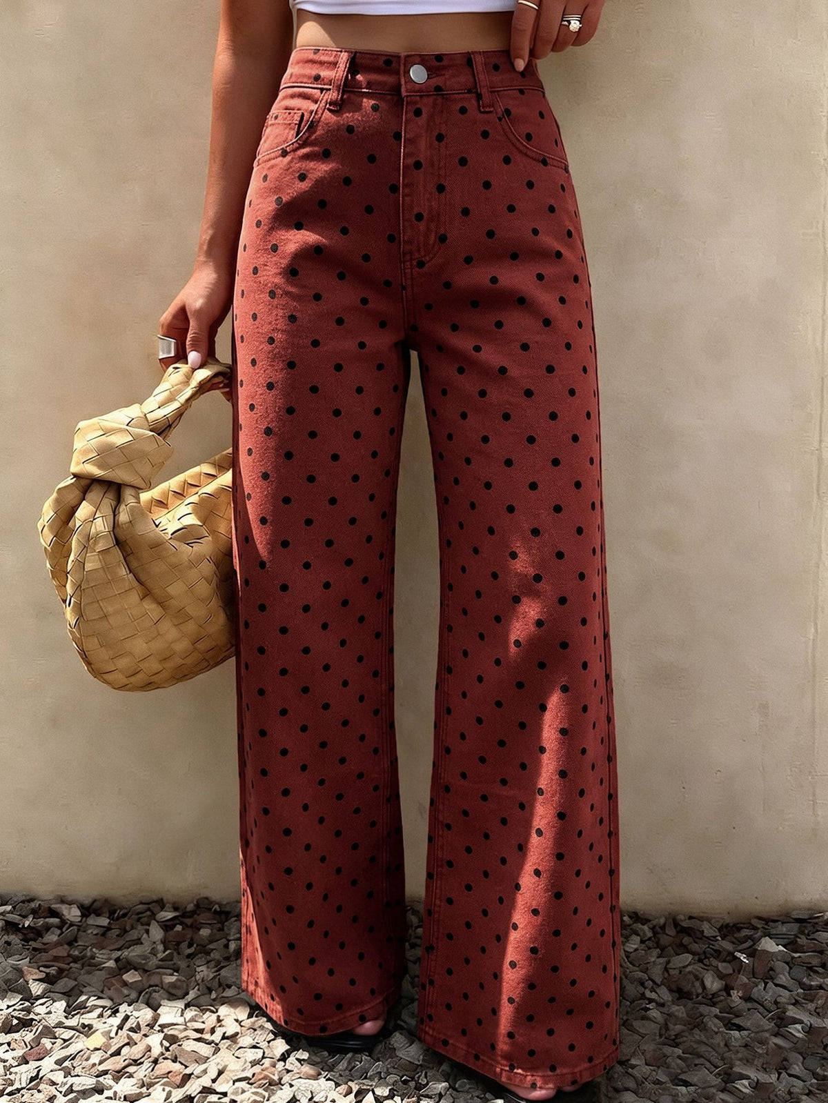 Allover Dot High Rise Wide Leg Jeans - Red