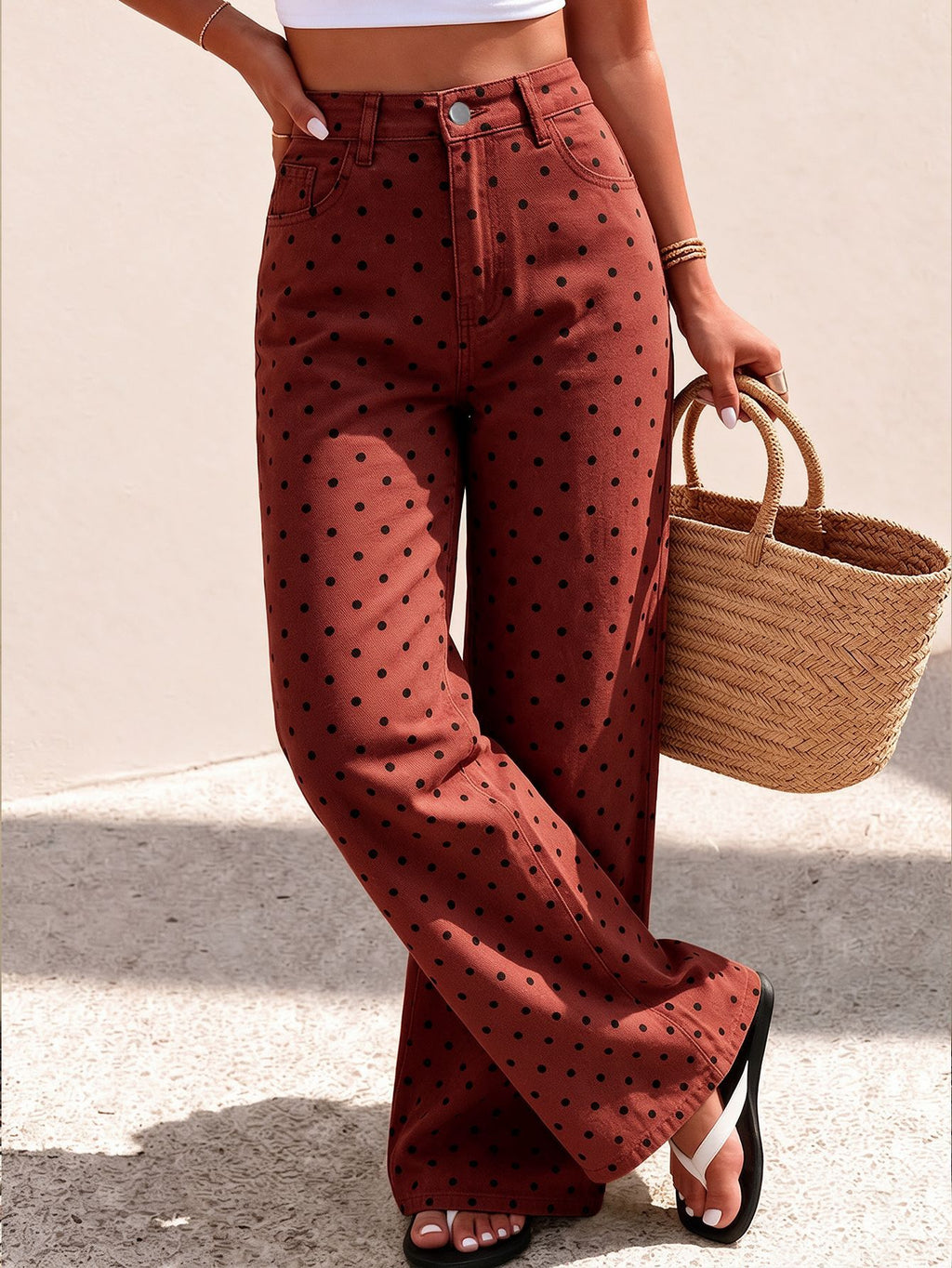 Allover Dot High Rise Wide Leg Jeans - Red - 1