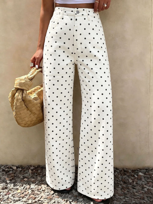Allover Dot High Rise Wide Leg Jeans - White