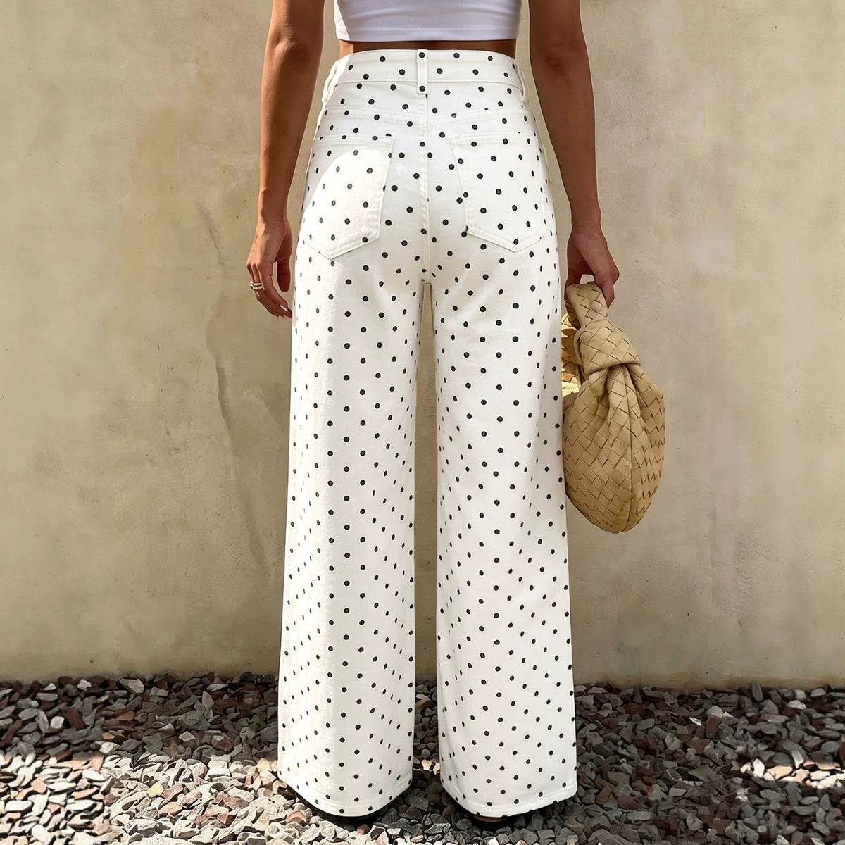 Allover Dot High Rise Wide Leg Jeans - White - 1