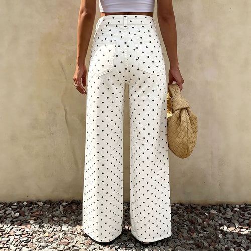 Allover Dot High Rise Wide Leg Jeans - White - 1