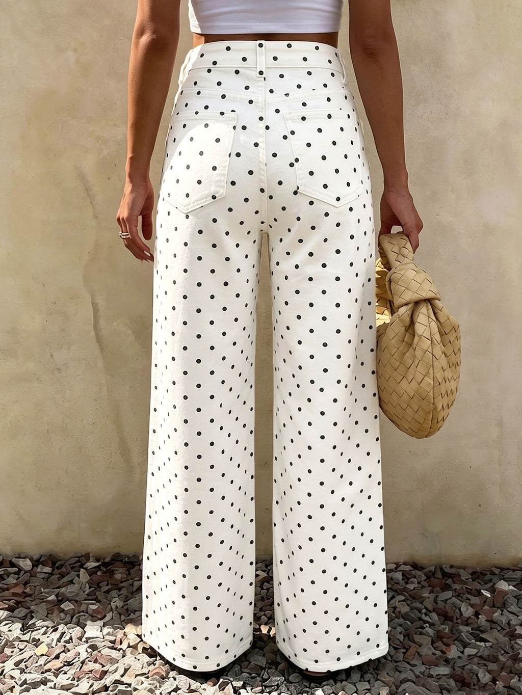 Allover Dot High Rise Wide Leg Jeans - White - 2