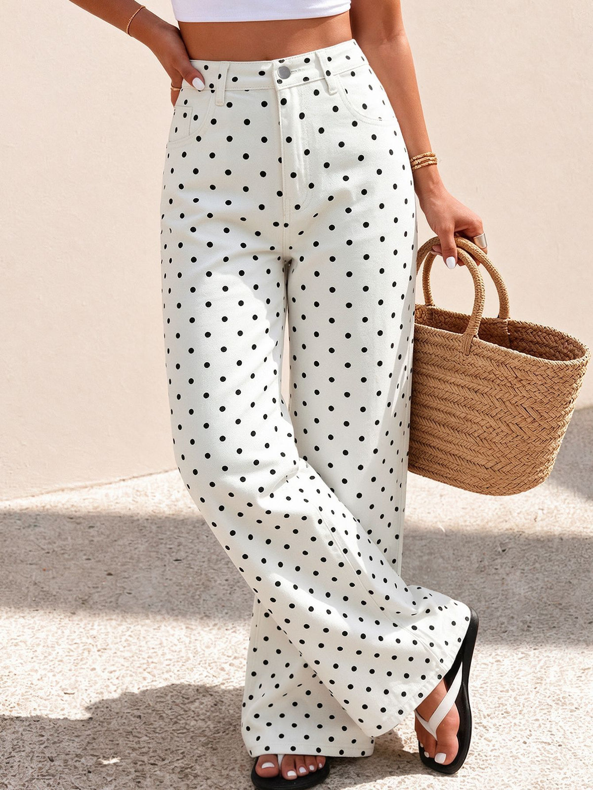 Allover Dot High Rise Wide Leg Jeans - White - 3