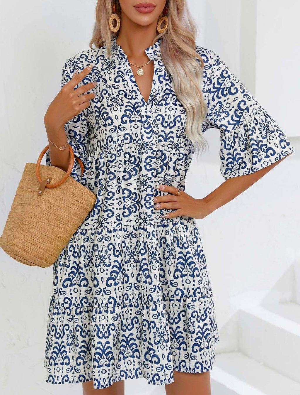 Boho Print Flare Sleeve Tiered Swing Dress - Blue - 2