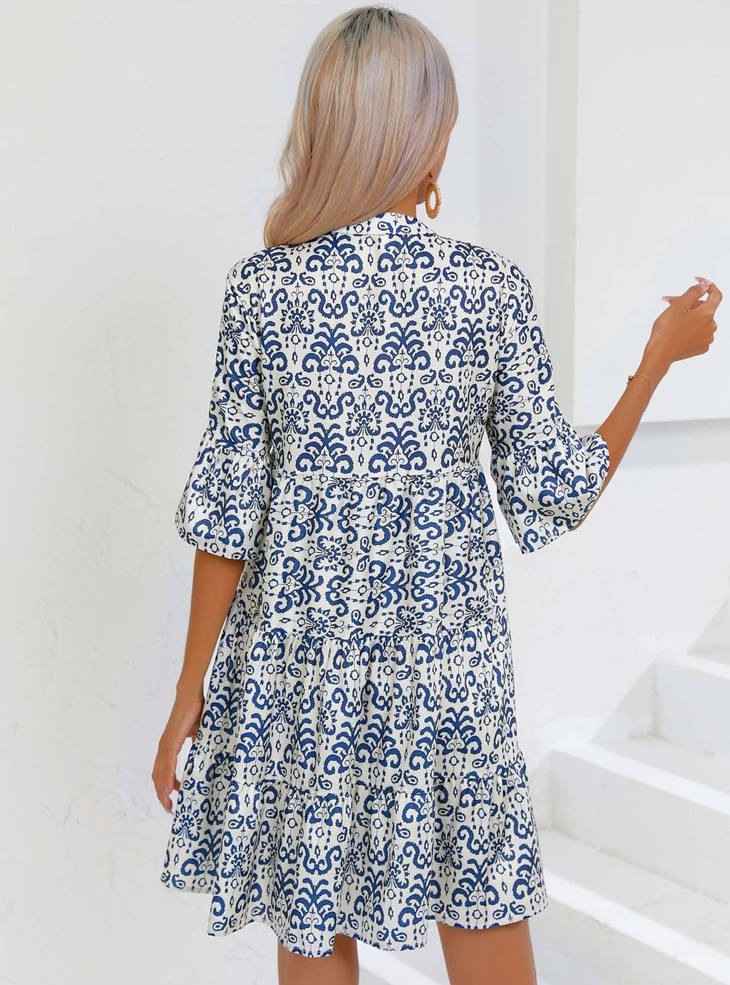 Boho Print Flare Sleeve Tiered Swing Dress - Blue - 3