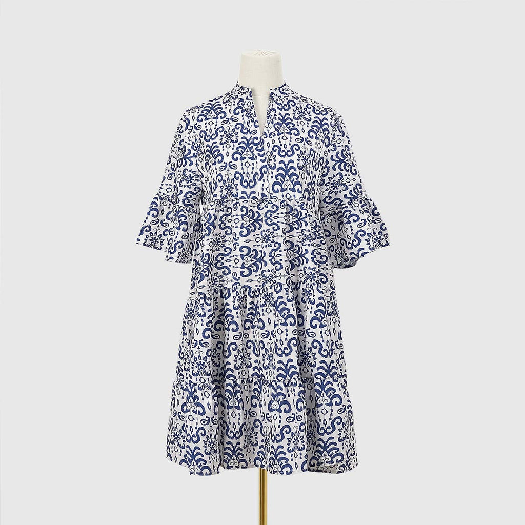 Boho Print Flare Sleeve Tiered Swing Dress - Blue - 4