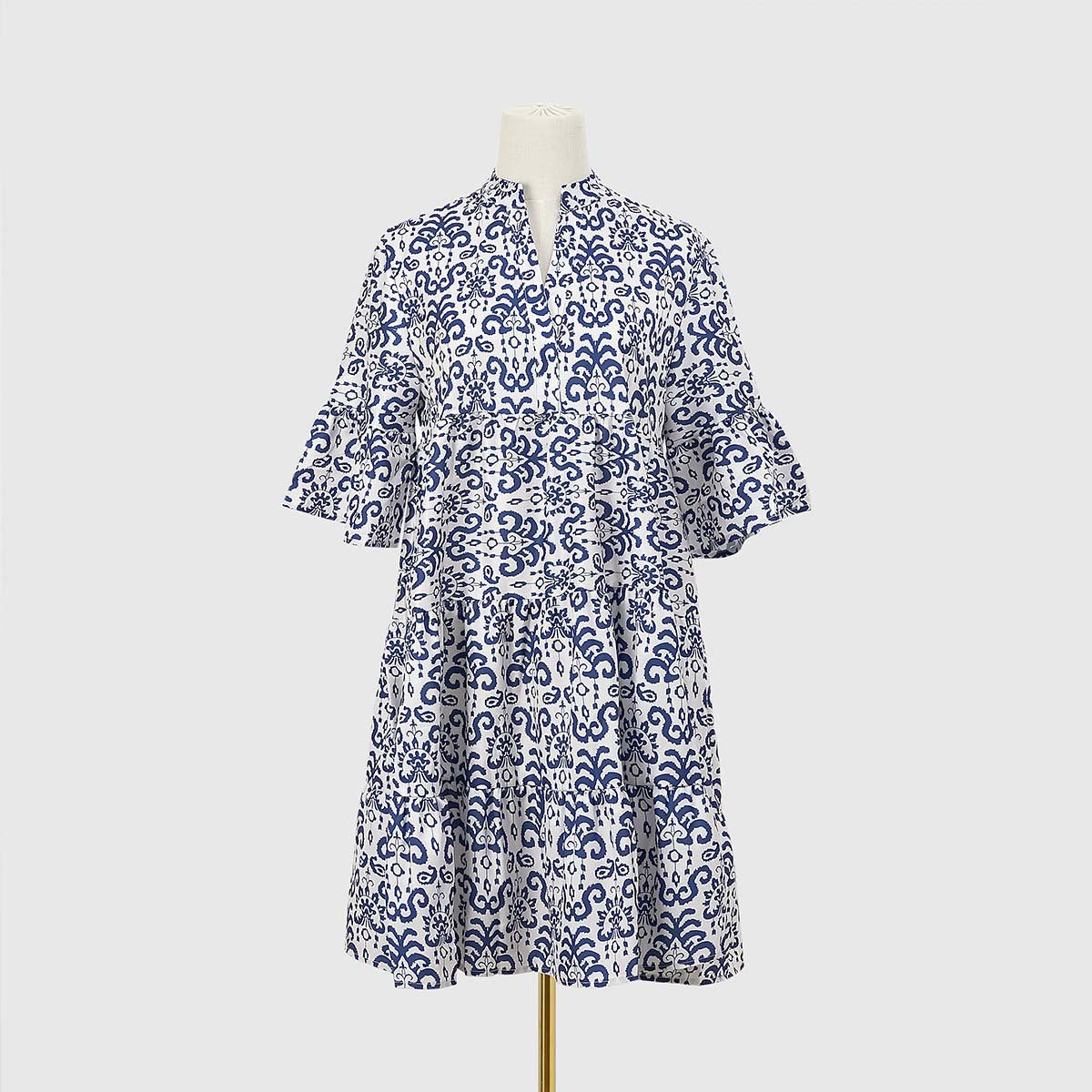 Boho Print Flare Sleeve Tiered Swing Dress - Blue - 4