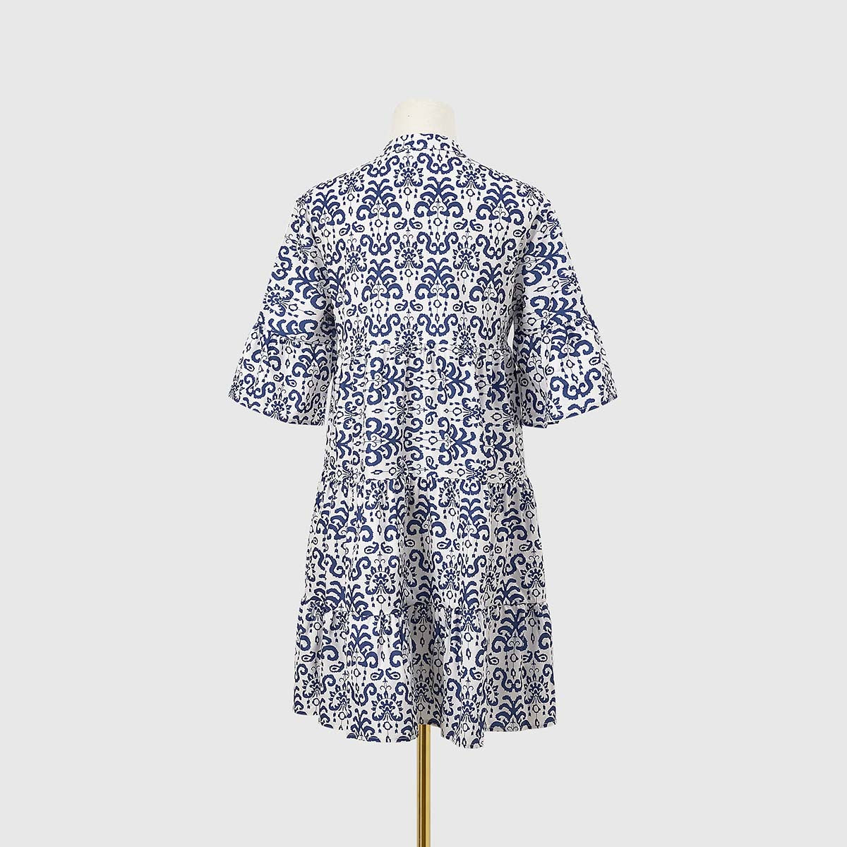 Boho Print Flare Sleeve Tiered Swing Dress - Blue - 5