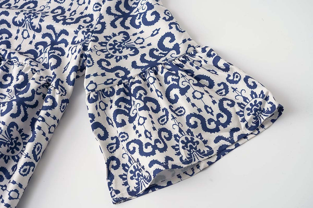 Boho Print Flare Sleeve Tiered Swing Dress - Blue - 7