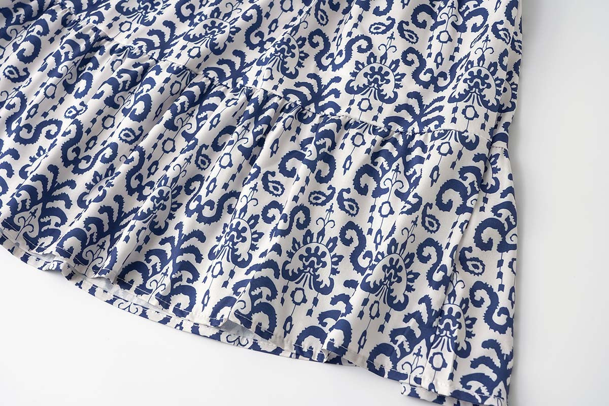 Boho Print Flare Sleeve Tiered Swing Dress - Blue - 8