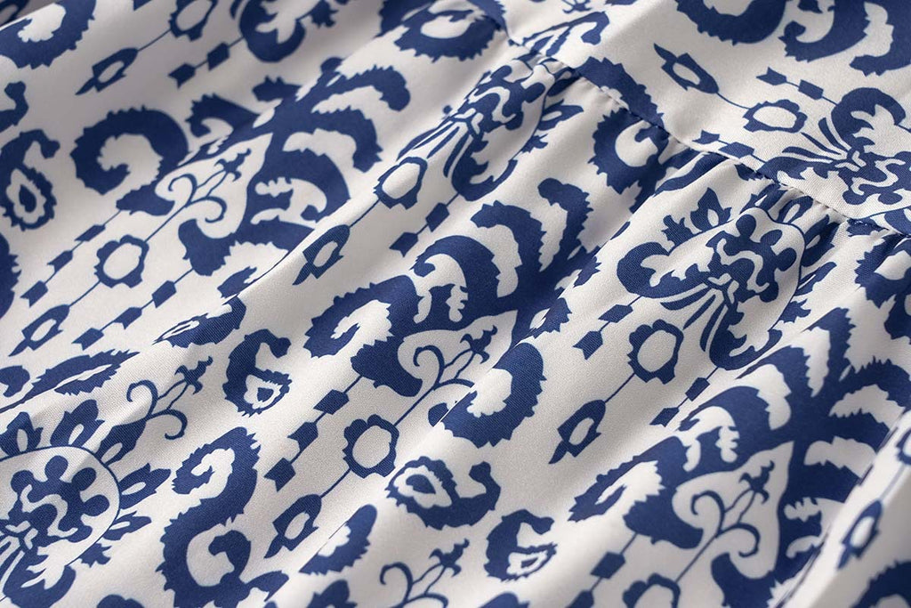 Boho Print Flare Sleeve Tiered Swing Dress - Blue - 9