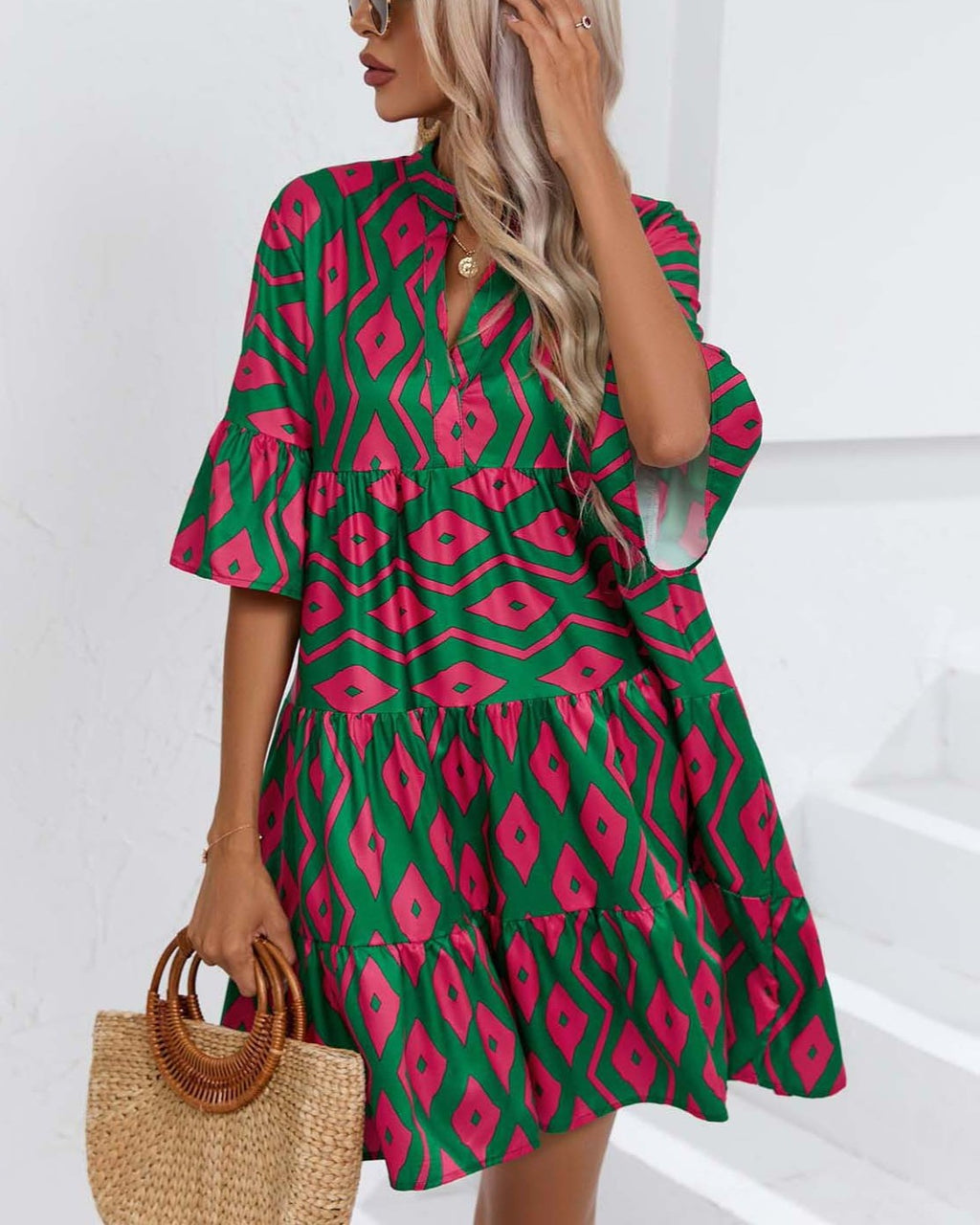 Boho Print Flare Sleeve Tiered Swing Dress - Green