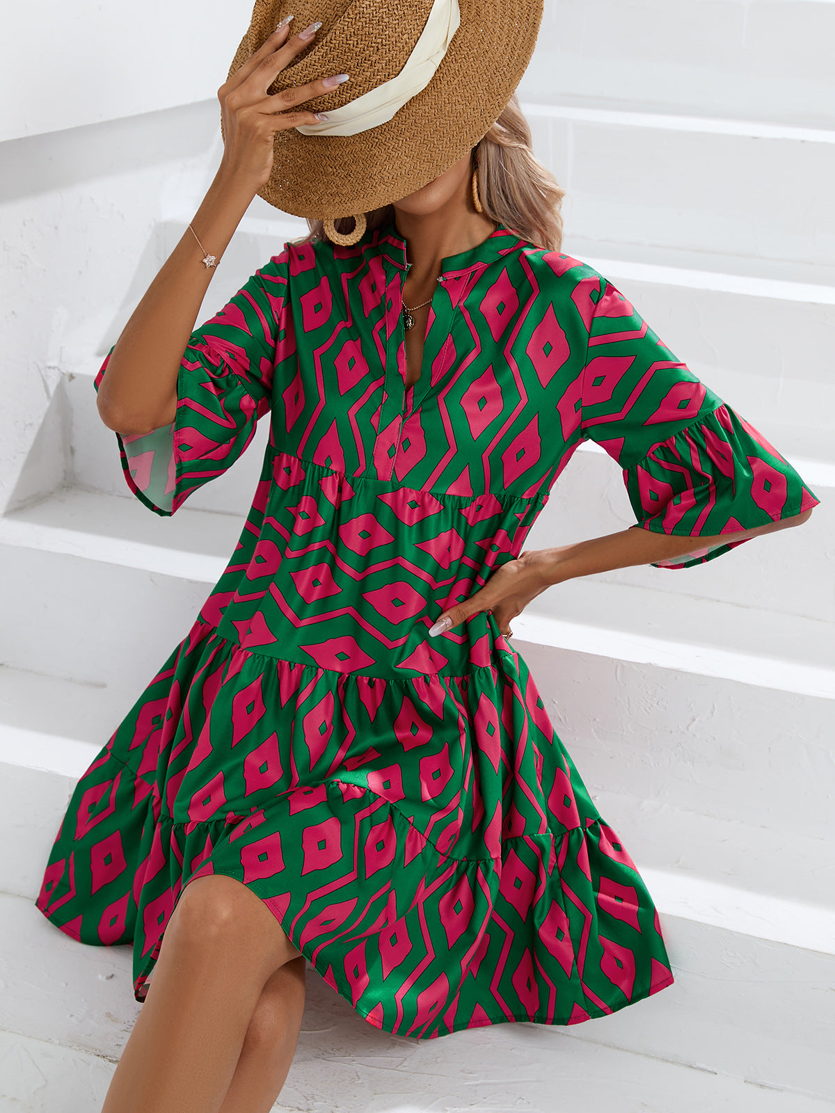 Boho Print Flare Sleeve Tiered Swing Dress - Green - 1