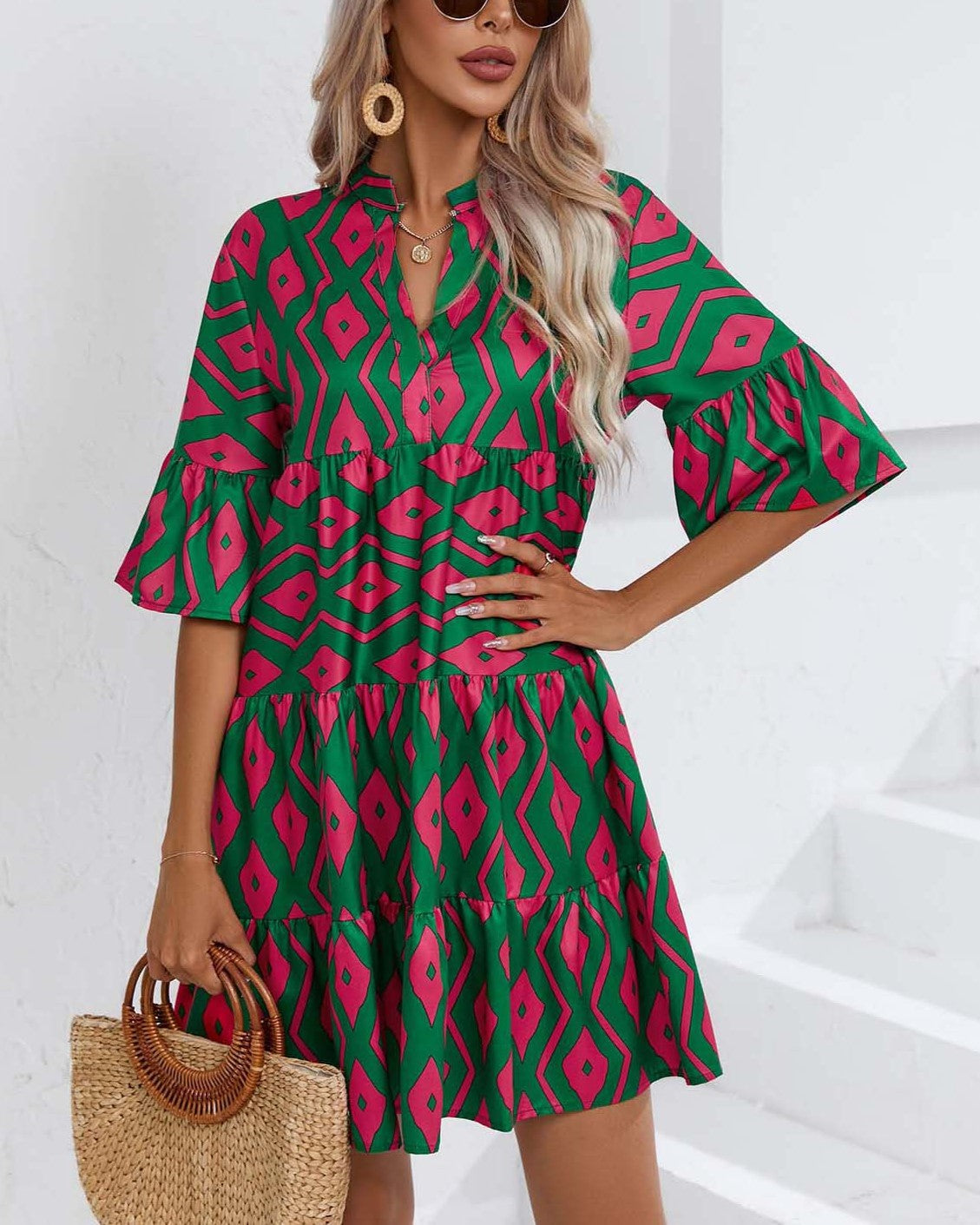 Boho Print Flare Sleeve Tiered Swing Dress - Green - 2