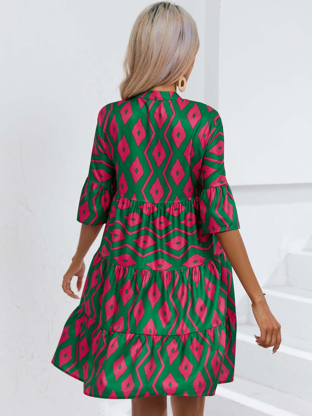 Boho Print Flare Sleeve Tiered Swing Dress - Green - 3